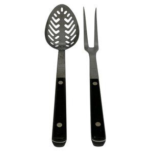 VTG Stainless Carving‎ Set 2 Meat Fork & Slotted Spoon Black Handle 12" Serving
